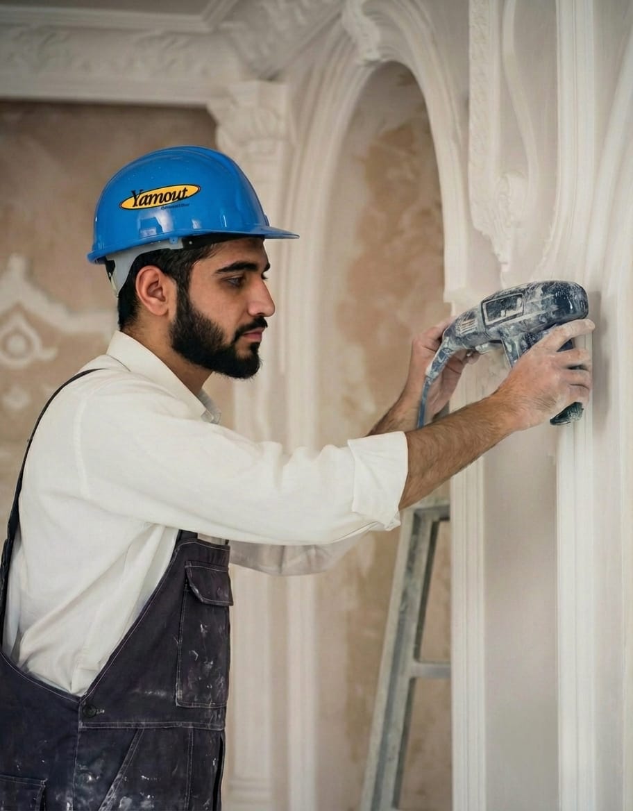 Yamout worker in a hard hat finishing a wall